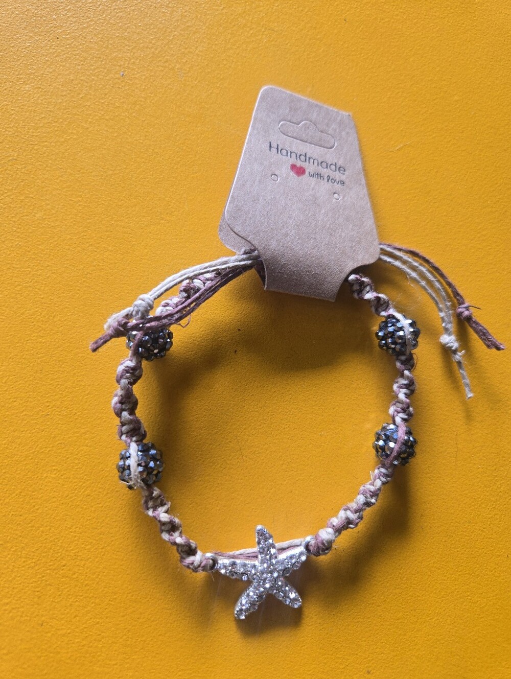 Beaded Hemp Macrame Starfish Bracelet in Pink & Cream
